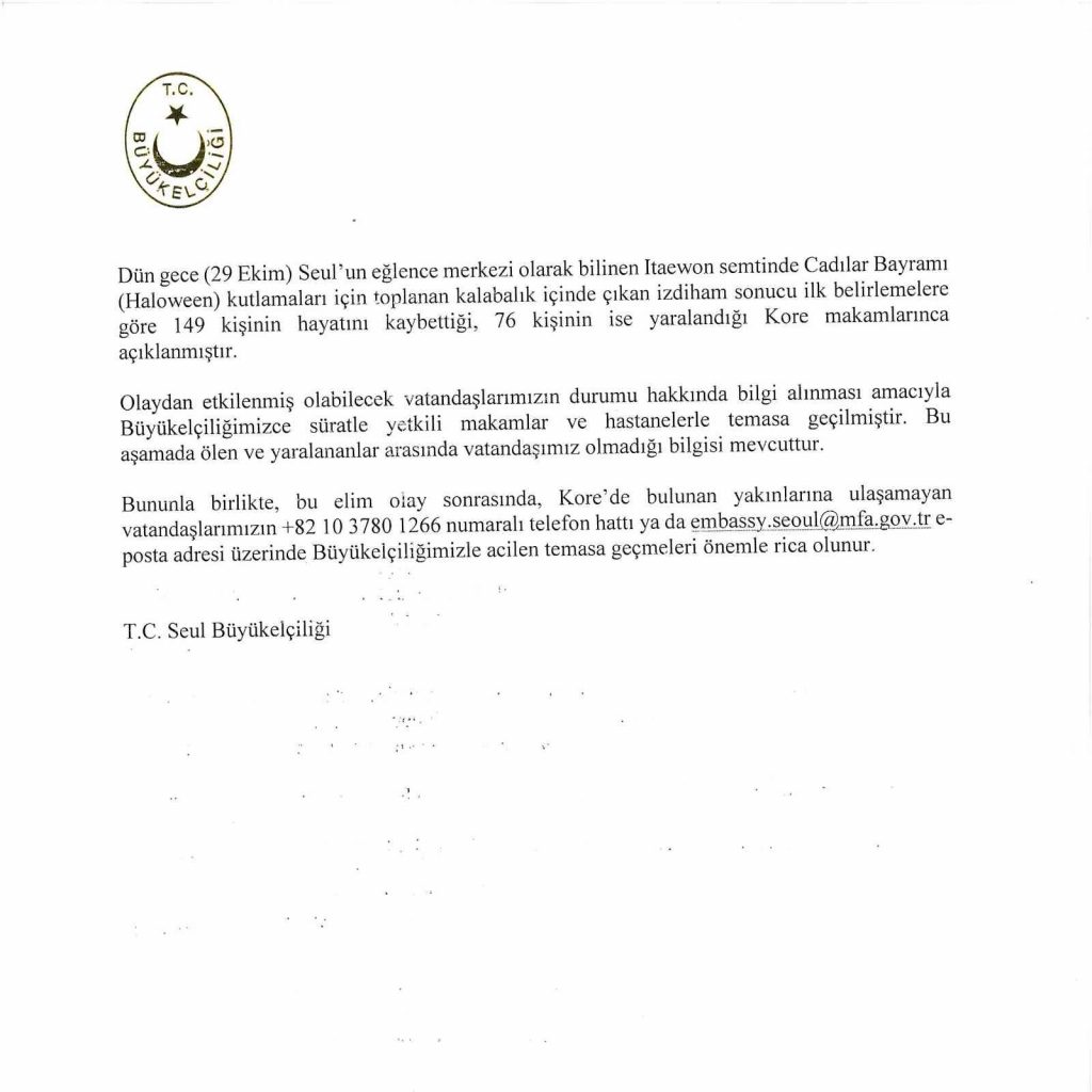 Türkiye’nin Seul Büyükelçiliği: “Olayda ölen veya yaralanan vatandaşımız yok”