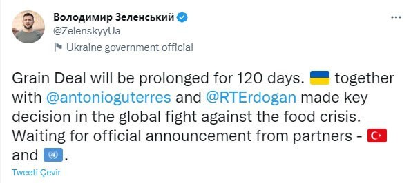 Zelenskiy: “Tahıl anlaşması 120 gün uzatılacak”